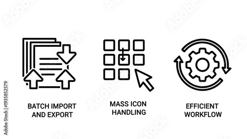 Data Management Icons: Batch import/export, mass icon handling, and efficient workflow icons for digital organization and process optimization.