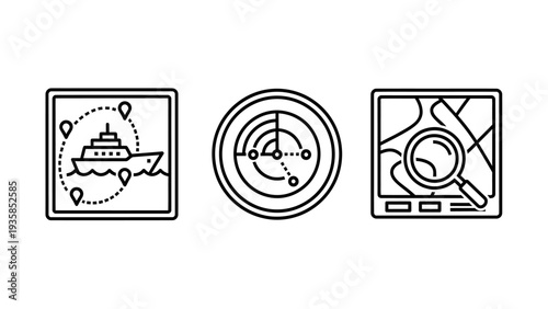 Navigation and Tracking Icons: Ship Route, Radar, and Map Magnifier