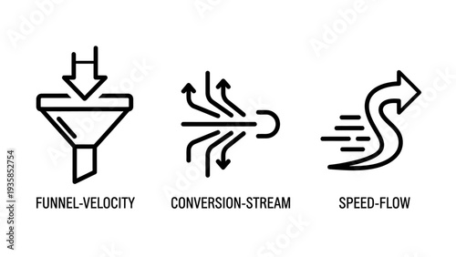 Set of icons illustrating funnel velocity, conversion streams, and speed flow, representing business process optimization and data movement.