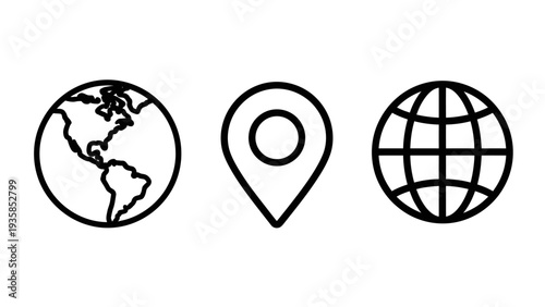 Icons representing global connection: a world globe, a location pin, and a grid map, symbolizing travel, navigation, and international presence.