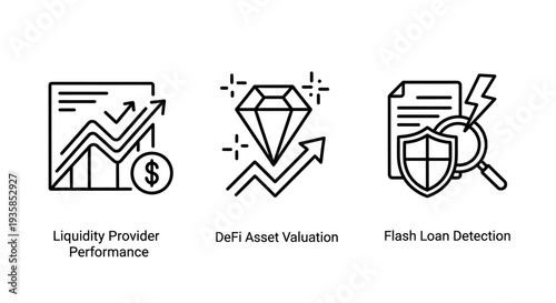 Financial Icons: Liquidity, Asset Valuation, Flash Loan Detection - Representing Cryptocurrency, DeFi, and Investment Performance