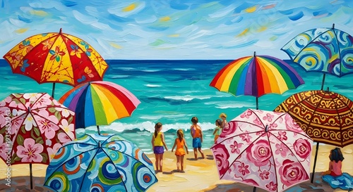 A vibrant oil painting of a sunny beach featuring children playing by the turquoise sea and large, colorful floral and patterned beach umbrellas in the foreground