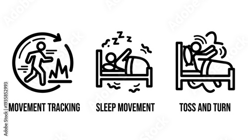 Icons illustrating movement tracking, restless sleep, and tossing and turning, representing sleep analysis and movement monitoring.