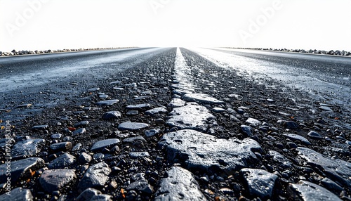 Low Angle View of Cracked Asphalt Road with White Line Marking
