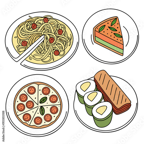 Vector illustration of various delicious foods set, top-view plates of fast foods