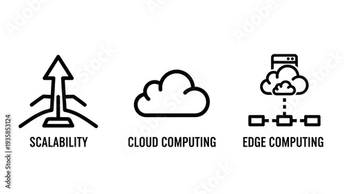 IT Infrastructure Icons: Scalability Arrow, Cloud Computing, and Edge Computing Network - Technology and Cloud Services Concepts