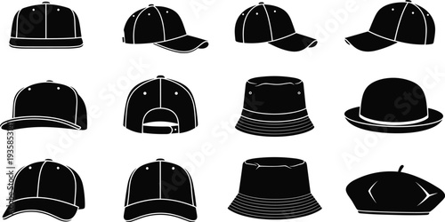 Collection of hat silhouettes including baseball caps, bucket hats, beret and bowler isolated on white background fashion accessory vector set