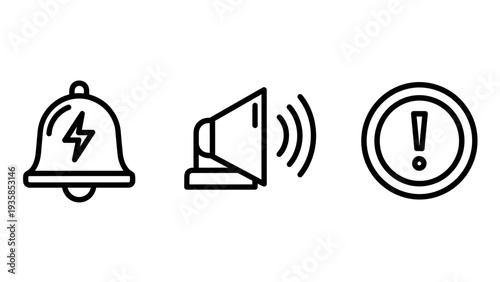Alert and Notification Icons: Bell with Lightning, Megaphone, and Exclamation Mark - Communication and Warning Concepts
