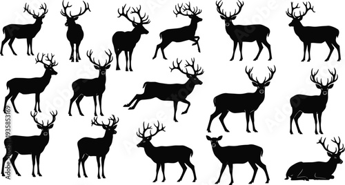 Deer silhouettes collection with stag and buck poses isolated on white background wildlife animal vector illustration set