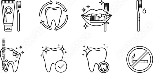 Dental care and oral hygiene line icons set including toothbrush, toothpaste, healthy teeth, whitening and no smoking symbols