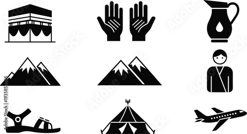 Hajj and Umrah pilgrimage icons set with Kaaba, praying hands, mountains, tent, airplane and Islamic travel symbols