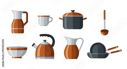 Modern kitchenware set featuring colorful flat design cookware and