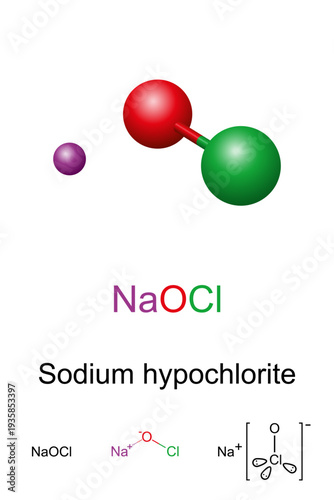 Sodium hypochlorite, ball-and-stick model, molecular and chemical formula. Chemical compound with formula NaOCl, commonly known in a dilute aqueous solution as bleach or chlorine bleach. Vector