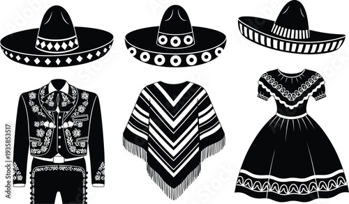 Mexican traditional clothing and sombrero silhouette collection featuring mariachi suit poncho and folkloric dress isolated cultural costume icons