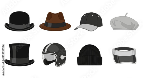 Various styles of hats in flat design: collection of modern and