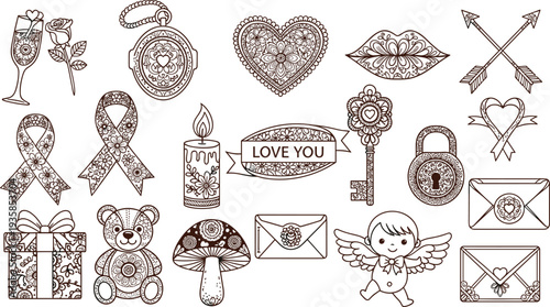 Vintage love and romance decorative elements set with hearts, cupid, gifts, envelopes, arrows and floral ornaments hand drawn vector
