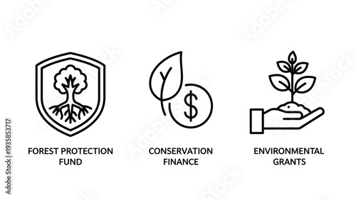 Forest protection fund, conservation finance and environmental grants icons