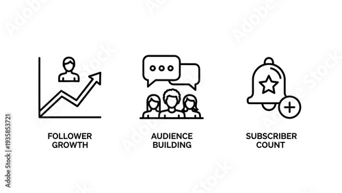 Follower growth chart, audience building and subscriber count notification icons