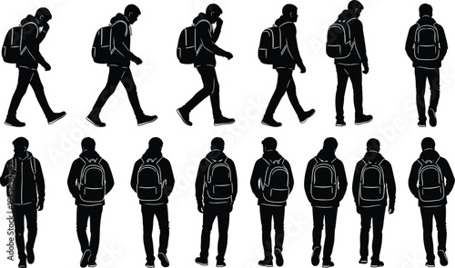 Walking man with backpack silhouette collection showing different poses of traveler student or hiker isolated for lifestyle design