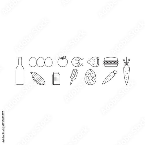 Modern Food Elements Set with Fruits, Vegetables, and Snacks