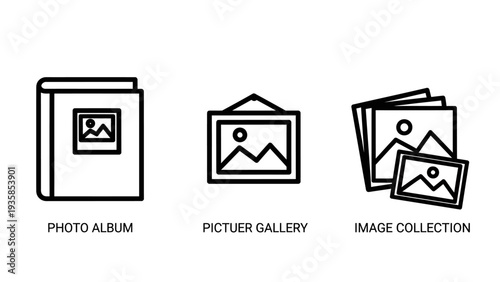 Photo collection icons: album, gallery, and image stack. Storing, organizing, and displaying pictures and memories.