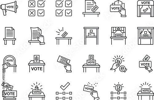 Voting icons set, election symbols, ballot box, vote card, civic participation, democracy, political campaign, election booth, voting process, election illustration