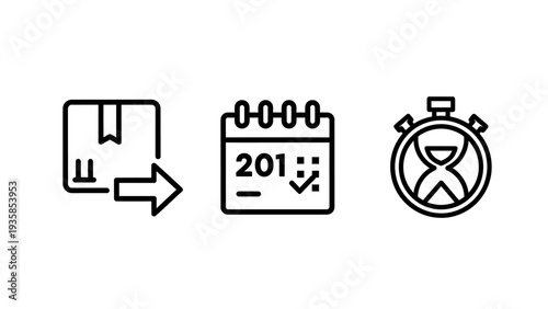 Logistics and time management icons: package delivery, calendar with checkmark, and hourglass stopwatch
