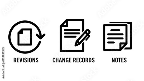 Document and revision icons: circular arrow for revisions, document with pen for changes, and stacked notes