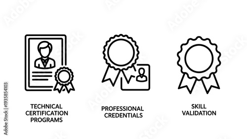 Icons Representing Technical Certification, Professional Credentials, and Skill Validation - Award Badges