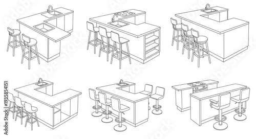 Collection of six modern kitchen island designs with stools.