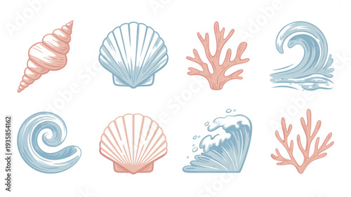 Hand-drawn Coastal Icon Set Featuring Shells, Coral, and Waves in a Serene Ocean Environment
