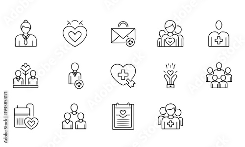 Set of line icons for healthcare, support, and charity, emphasizing wellness and community