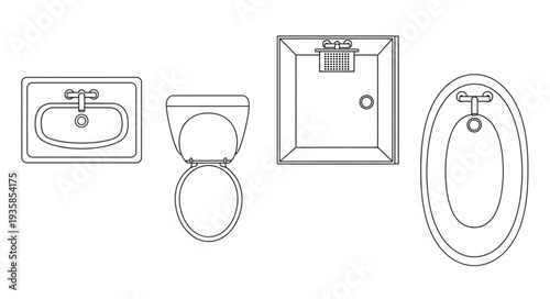 Top view line drawing of bathroom fixtures.