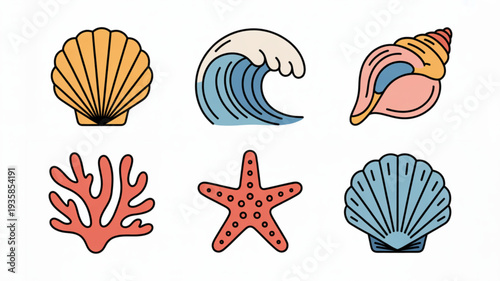Collection of ocean elements including seashells, waves, coral, starfish, and seaweed in a graphic illustration