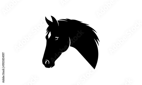 Black silhouette of horse head on white background for logo or emblem