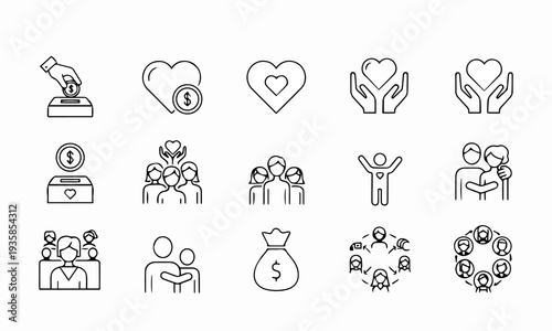 Set of line icons for charity, donation, and support, with focus on giving and community
