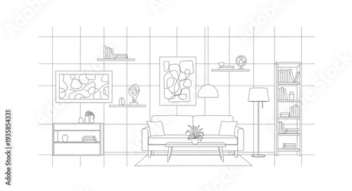 Interior design sketch of a modern living room with furniture and decor.