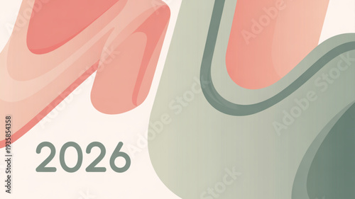 Modern 2026 greeting card design featuring abstract shapes and curves viewed from a straightforward perspective in a digital environment.