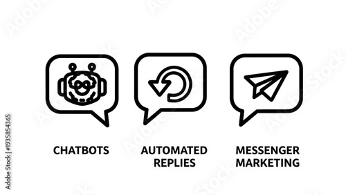 Chatbot, Automated Reply, Messenger Marketing Icons: AI Communication for Digital Business