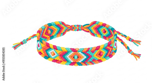 Vibrant colorful woven fabric bracelet with geometric pattern and tassels on white background