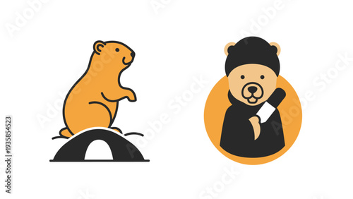 Cute Groundhog Day Cartoons: Marmot from Burrow and Bear Character Illustration for Seasonal Weather Predictions