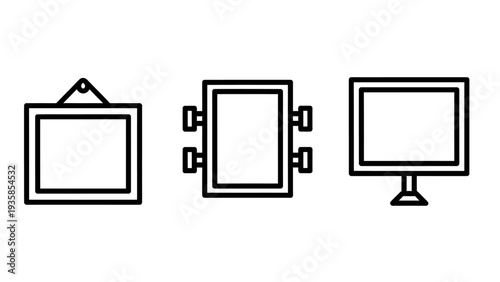Display and Screen Icons: Hanging Picture Frame, Modular Panel, and Desktop Computer Monitor for Presentation Technology