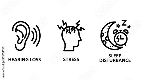 Health and Well-being Icons: Hearing Loss, Stress, and Sleep Disturbance Symbols for Medical and Lifestyle Awareness
