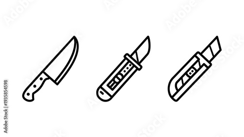 Sharp Kitchen Knife, Utility Knife, and Box Cutter Icons for Cooking, Crafting, and Industrial Use