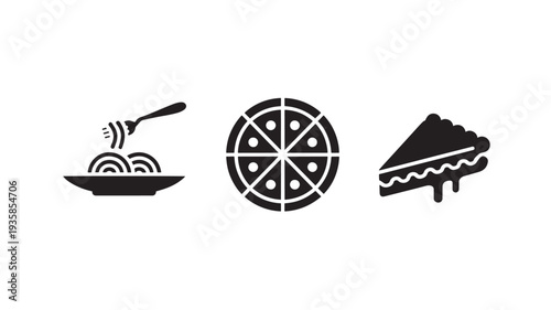 Black Icons Of Pizza, Slice, And Pan With Food On White Background For Culinary Concepts