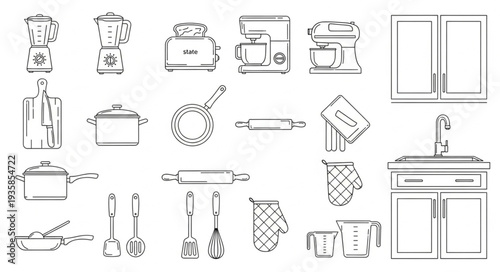 Collection of kitchen utensils and appliances in a line drawing style.