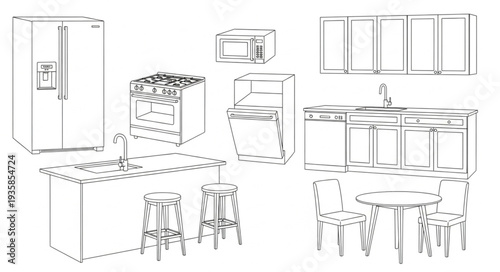 Sketch of a modern kitchen interior layout with appliances and furniture.