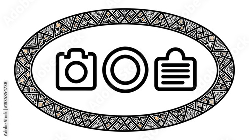 Creative Media Production Icons within Ornate Geometric Frame: Camera, Shutter, and Clipboard for Content Creation