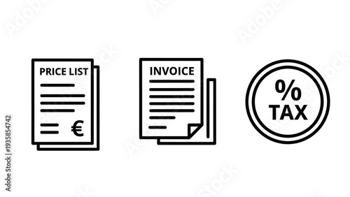 Financial Document Icons: Price List, Invoice, and Tax Percentage Symbol for Business and Accounting