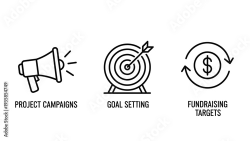 Business Project Campaigns and Goal Setting Outline Icons: Megaphone Communication, Target Achievement, and Fundraising Strategies